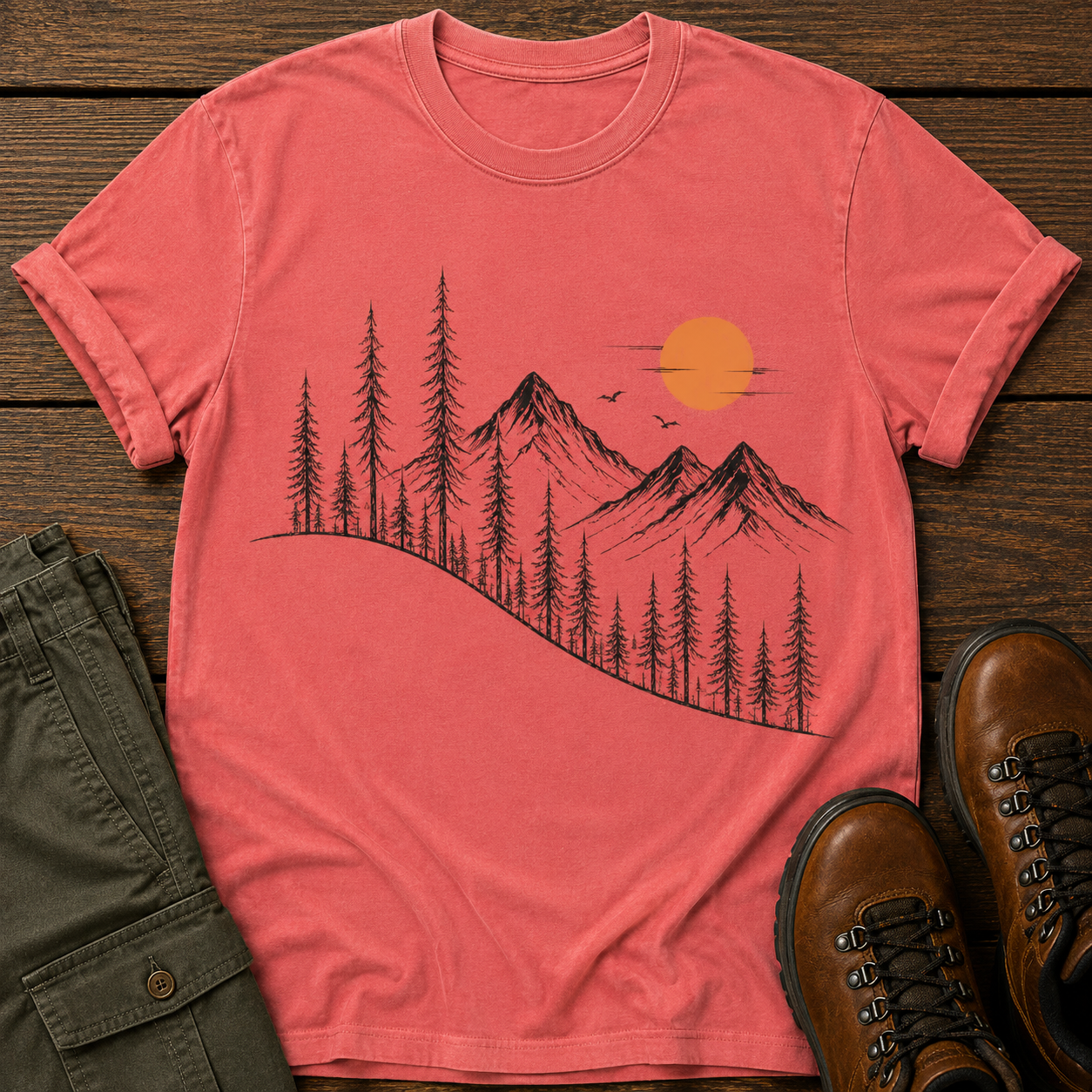 Mountain Sunrise T-Shirt — Minimal Pine Tree & Orange Sun Outdoor Tee