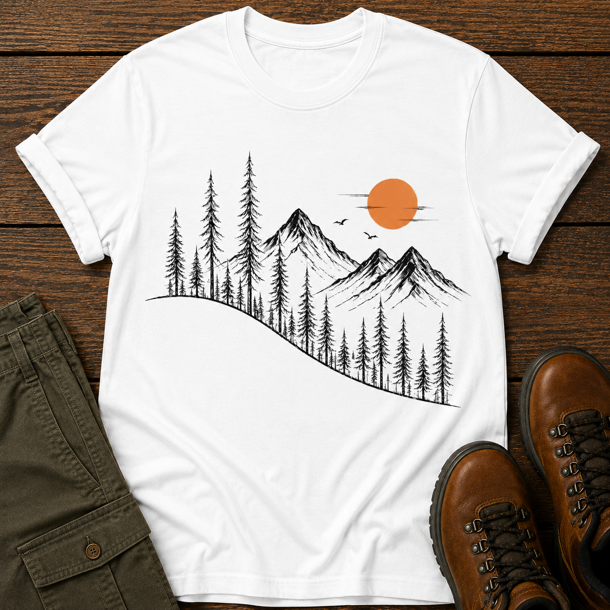 Mountain Sunrise T-Shirt — Minimal Pine Tree & Orange Sun Outdoor Tee