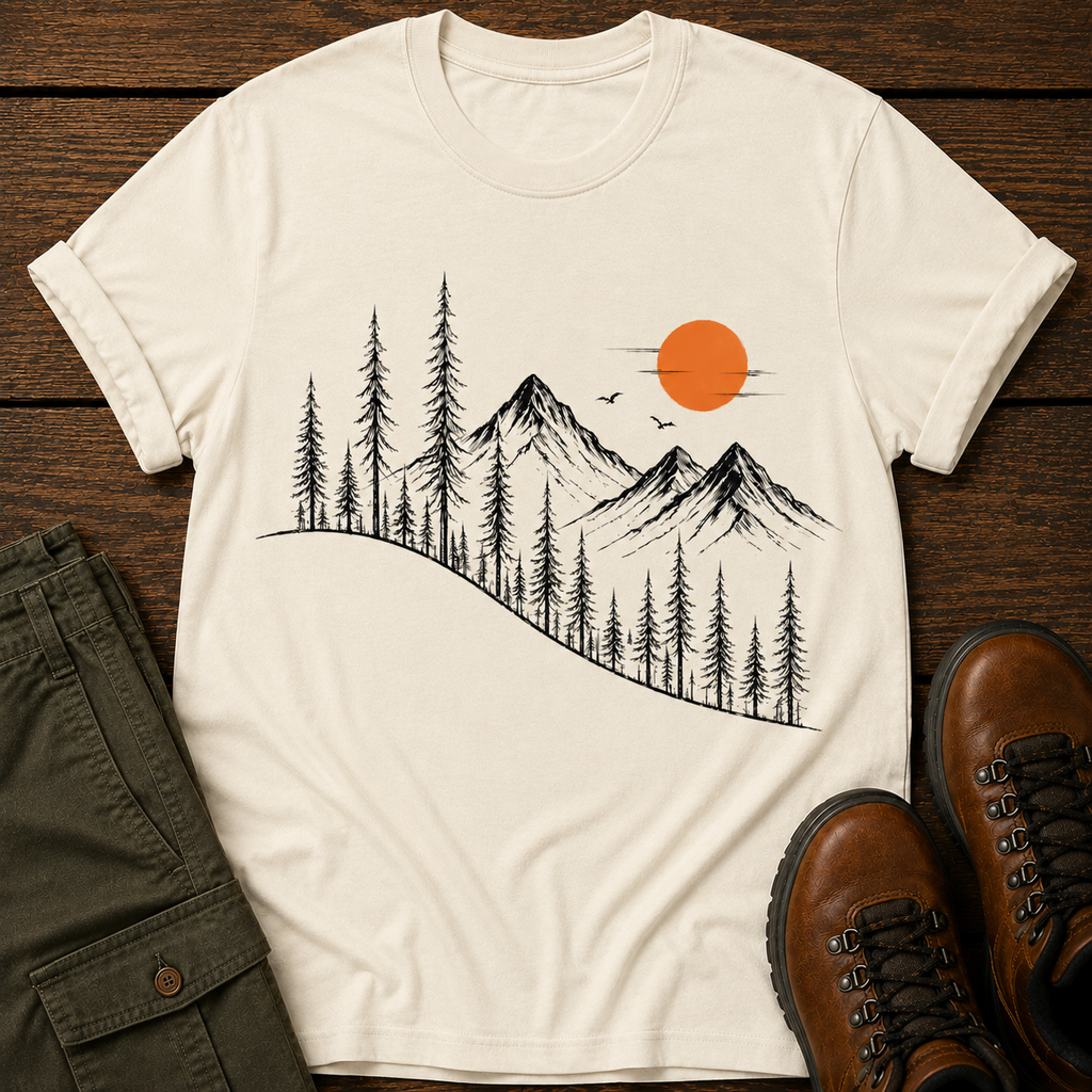 Mountain Sunrise T-Shirt — Minimal Pine Tree & Orange Sun Outdoor Tee