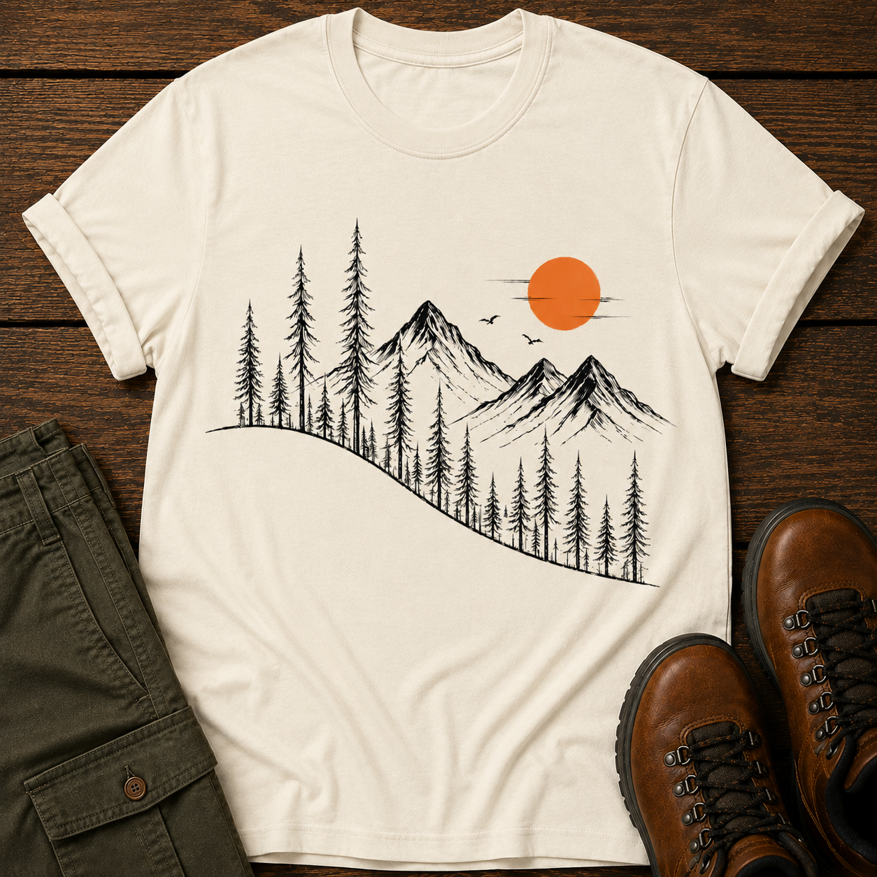 Mountain Sunrise T-Shirt — Minimal Pine Tree & Orange Sun Outdoor Tee