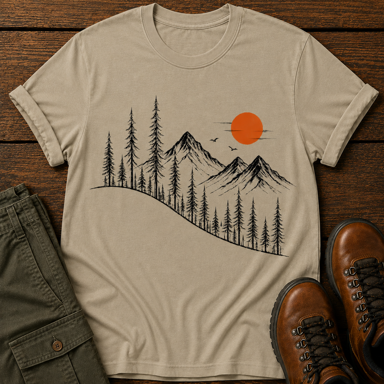 Mountain Sunrise T-Shirt — Minimal Pine Tree & Orange Sun Outdoor Tee