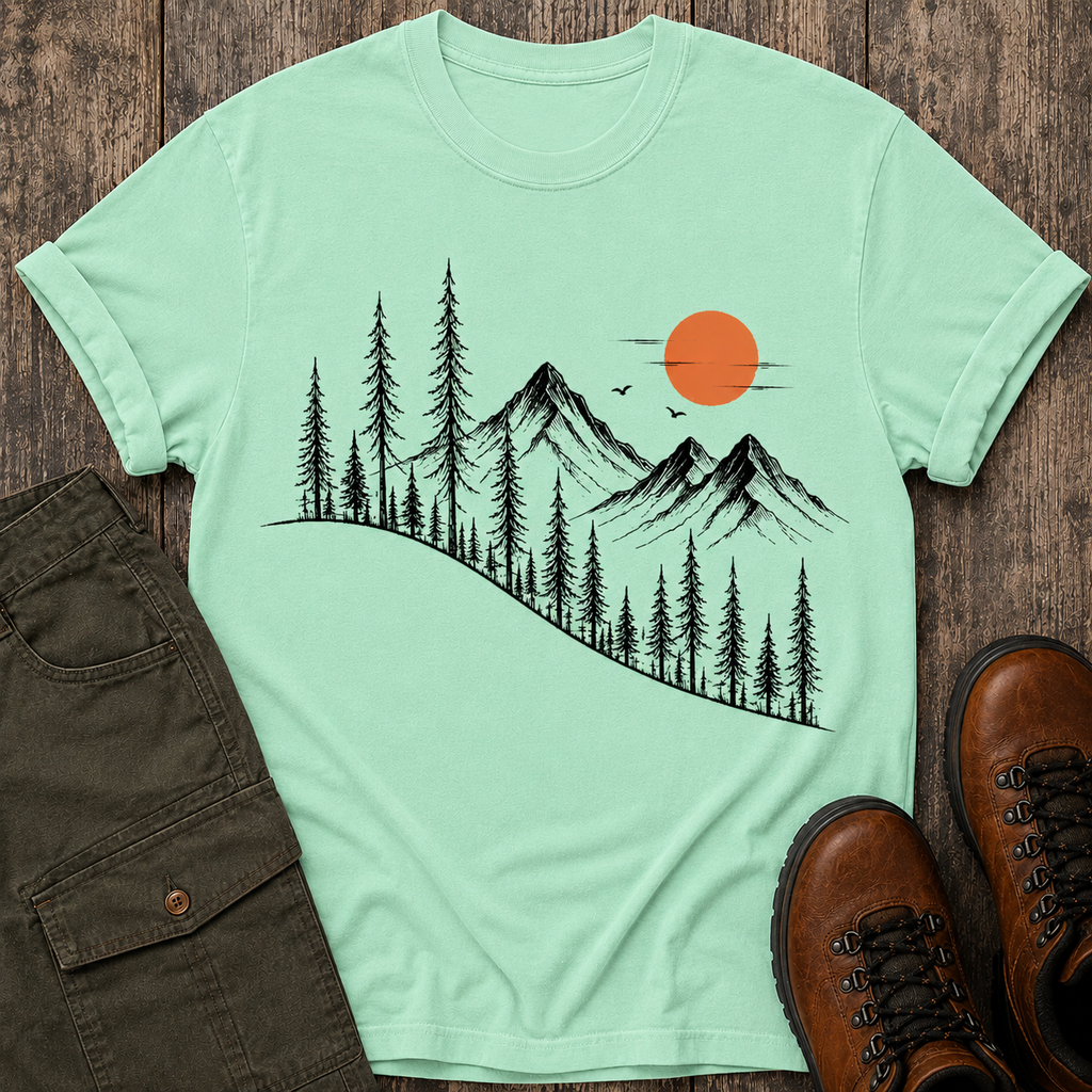Mountain Sunrise T-Shirt — Minimal Pine Tree & Orange Sun Outdoor Tee