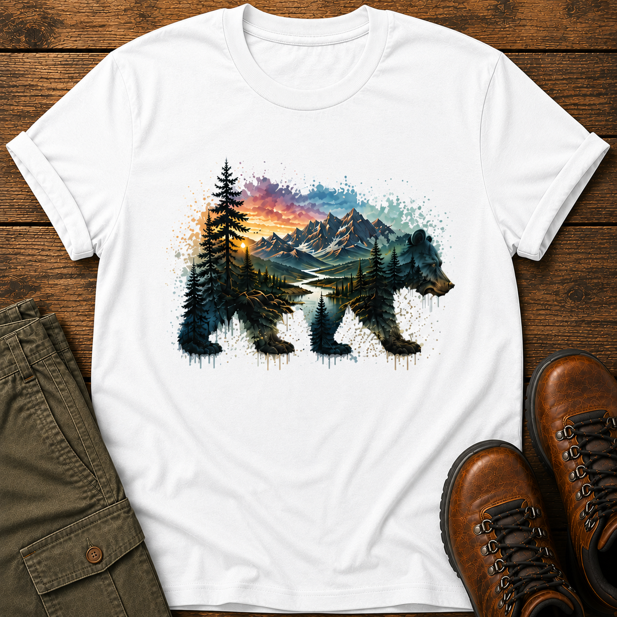 White t-shirt with bear and mountain design on a wooden surface with pants and boots.
