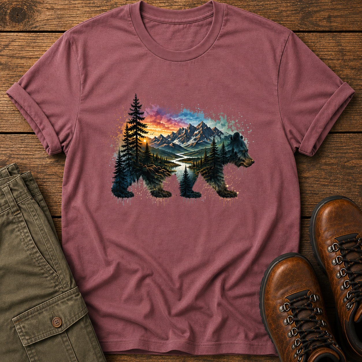 Maroon t-shirt with bear and mountain design on a wooden surface with pants and shoes.