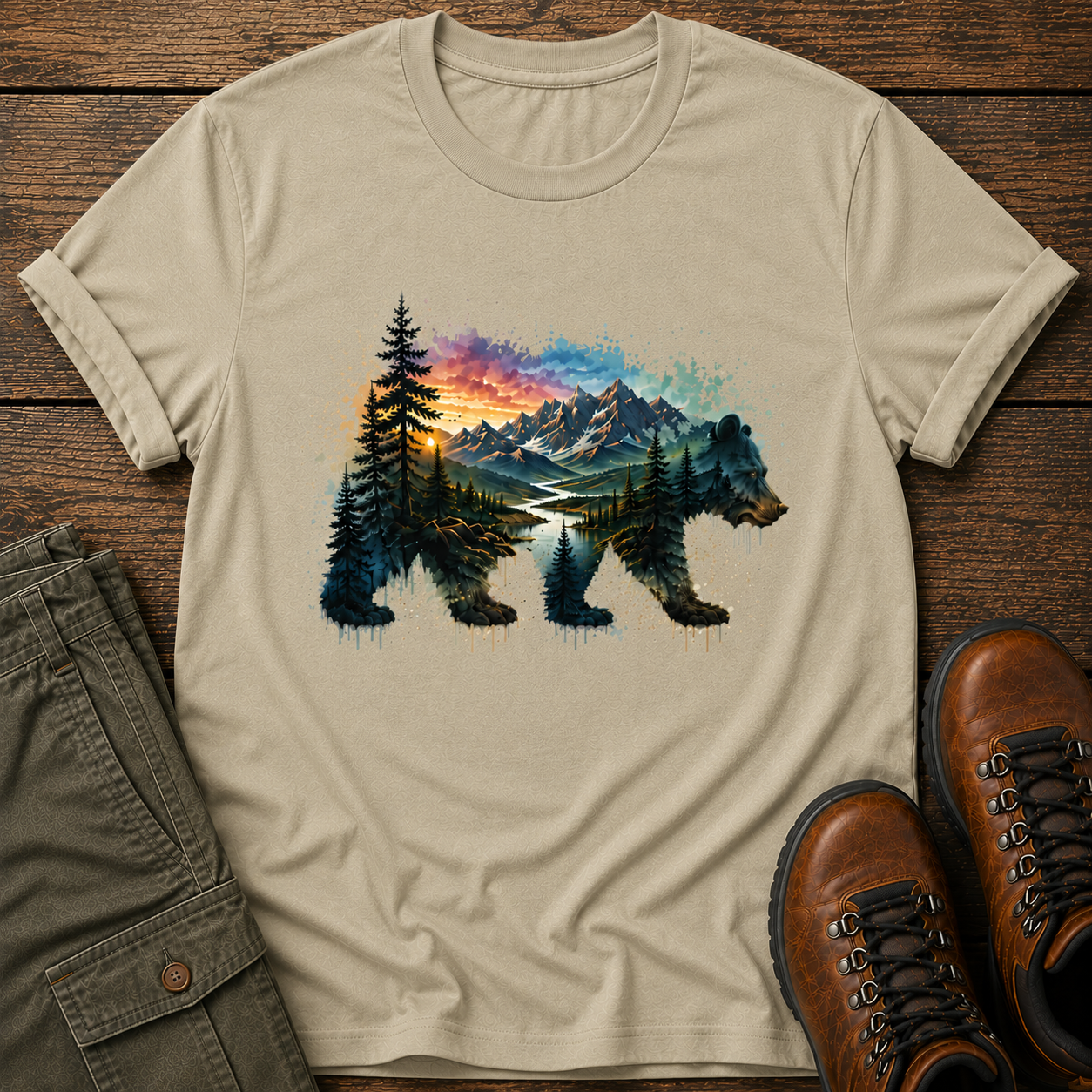 Beige t-shirt with bear and nature graphic on a wooden surface with pants and boots.
