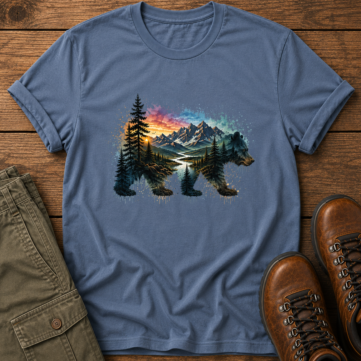 Blue t-shirt with bear and mountain design on a wooden surface with pants and boots.