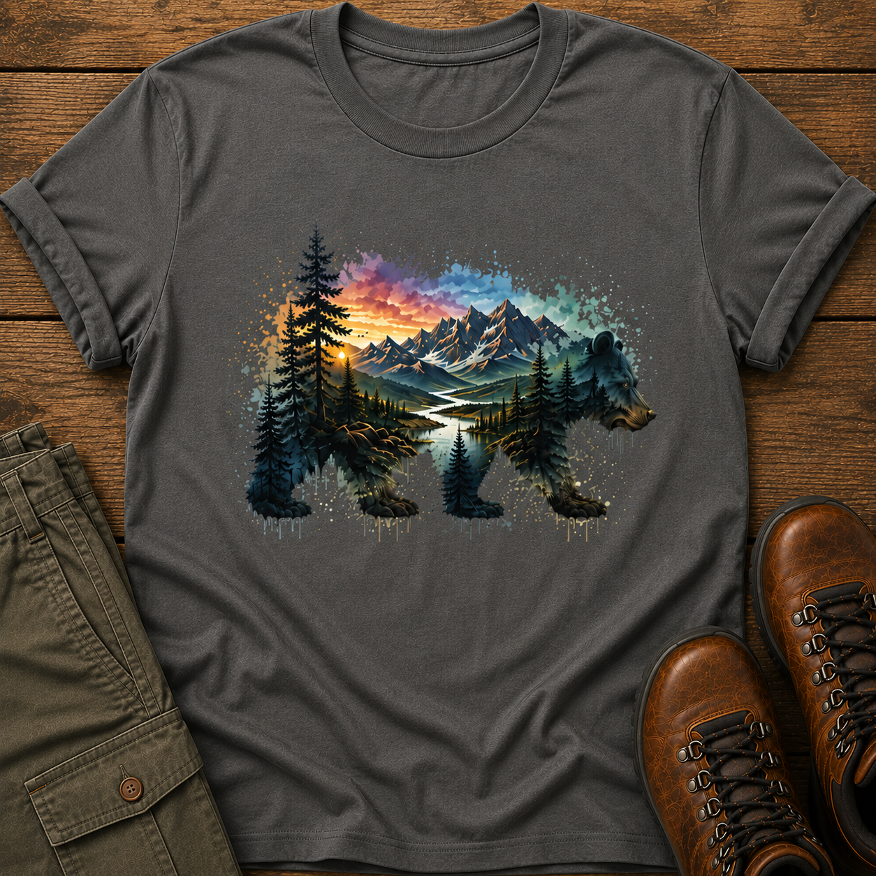 Gray t-shirt with bear and nature graphic on a wooden surface with pants and boots.