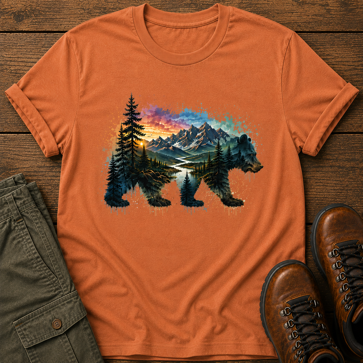 Orange t-shirt with bear and mountain design on a wooden surface with shorts and boots.