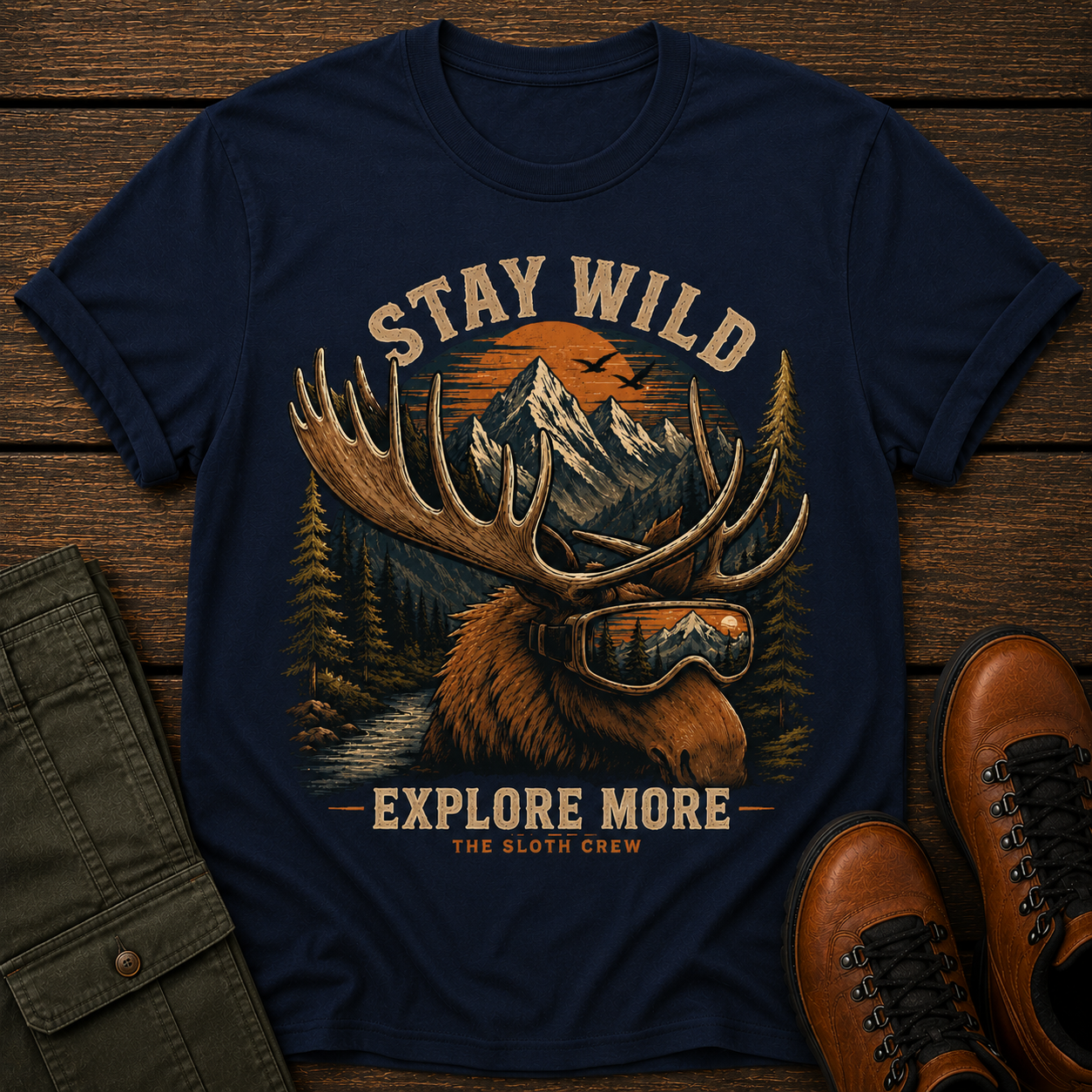Navy blue t-shirt with a graphic of a moose wearing goggles and mountains, text 'Stay Wild Explore More', on a wooden surface with shoes and a jacket.