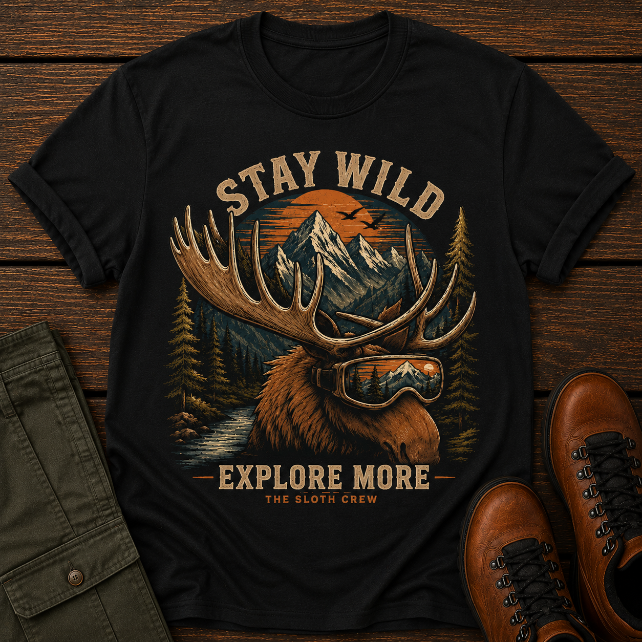 Black t-shirt with 'Stay Wild, Explore More' graphic design on a wooden surface with shoes and pants.