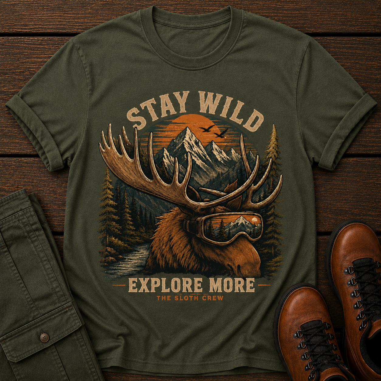 Green t-shirt with a graphic of a moose wearing goggles, mountains, and trees, with 'Stay Wild Explore More' text on a wooden surface.