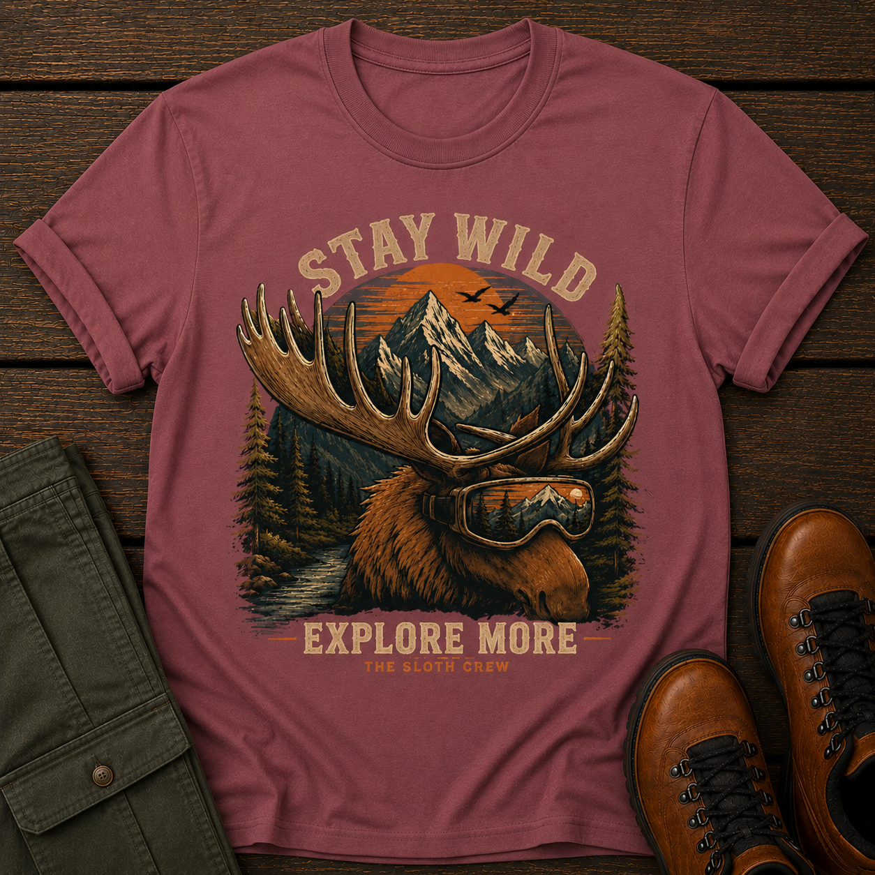 Maroon t-shirt with moose graphic and 'Stay Wild, Explore More' text on a wooden surface with boots and jacket.