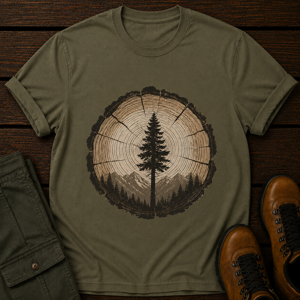 Green t-shirt with tree ring design on a wooden surface with green pants and brown boots.