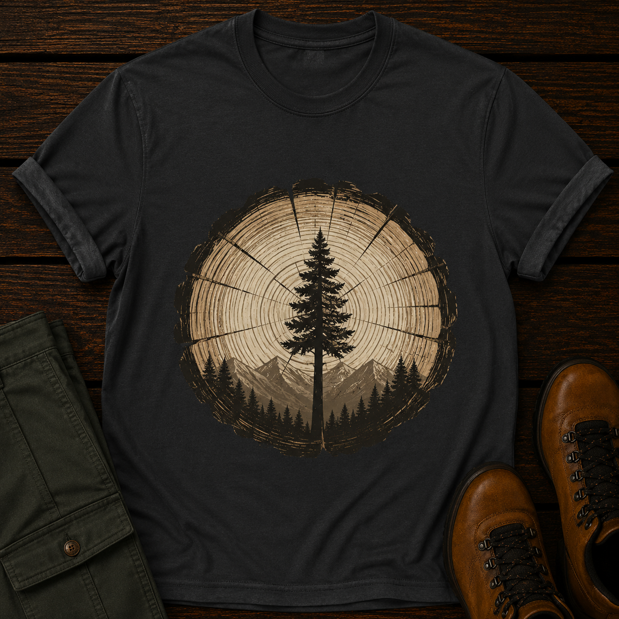 Black t-shirt with tree ring design on a wooden surface with boots and a jacket.