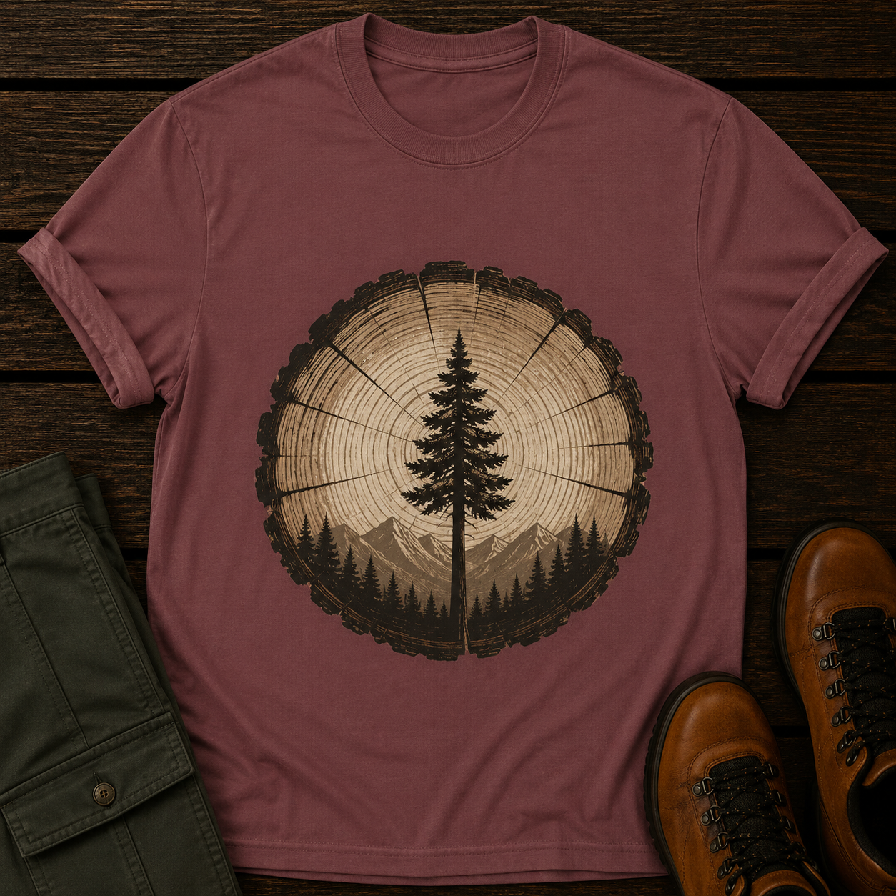 Maroon t-shirt with tree ring design on a wooden surface with green pants and brown boots.