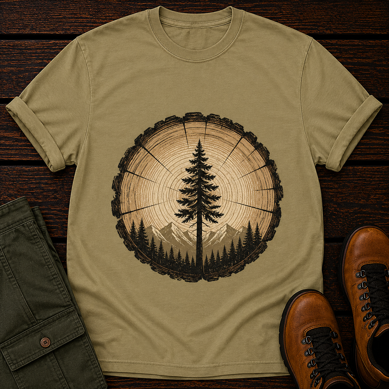Khaki t-shirt with tree ring design on a wooden surface with pants and boots.