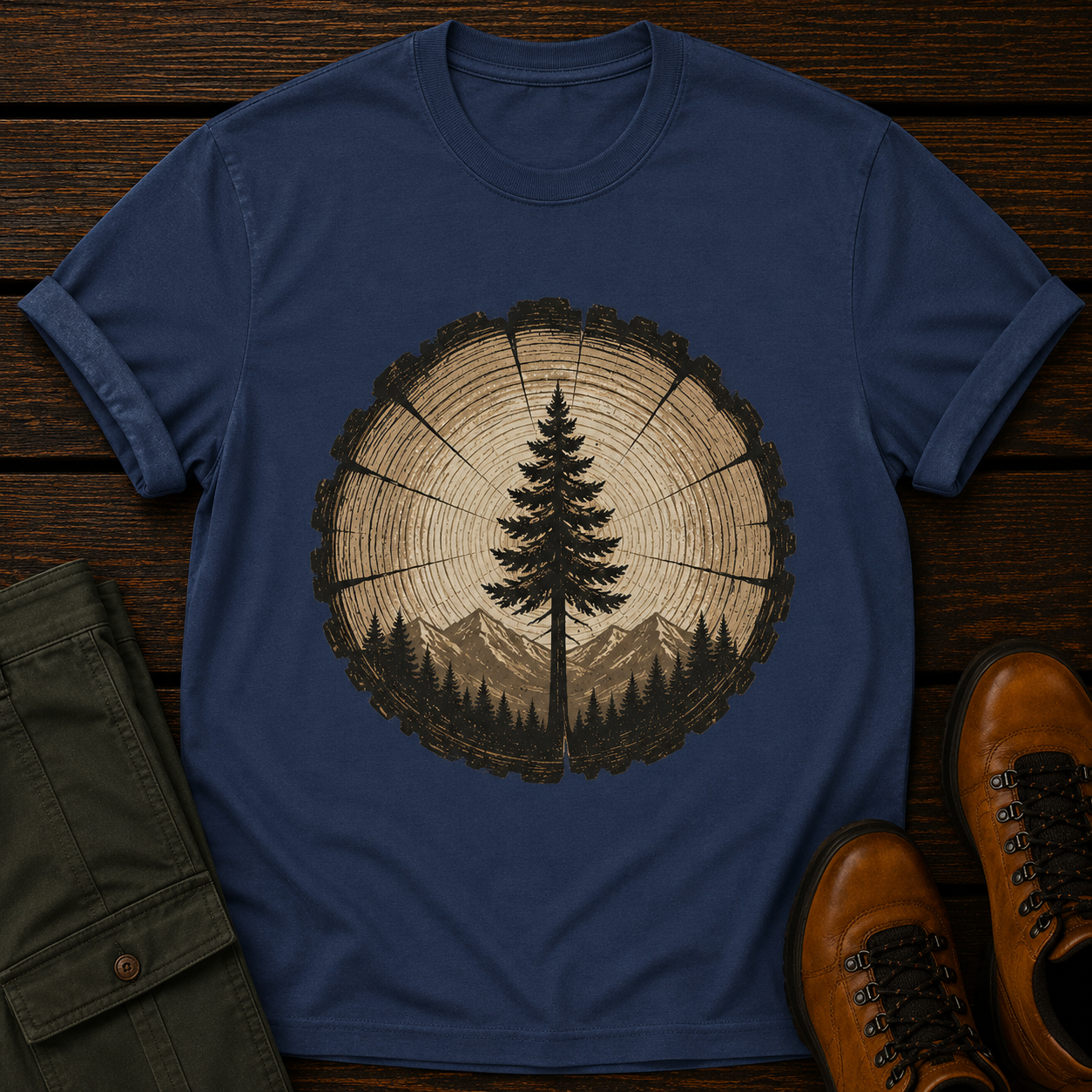 Blue t-shirt with a tree ring design on a wooden surface with green pants and brown boots.