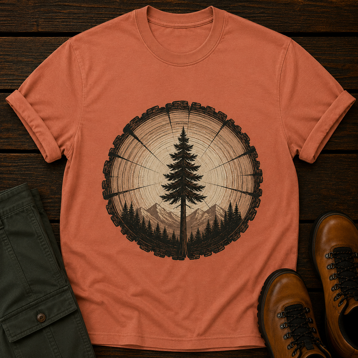 Orange t-shirt with a tree ring design on a wooden surface with pants and shoes.