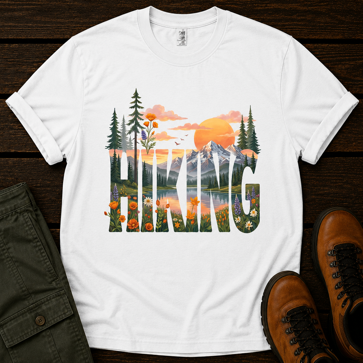 White t-shirt with nature-themed design and 'Hiking' text on a wooden surface with pants and boots.