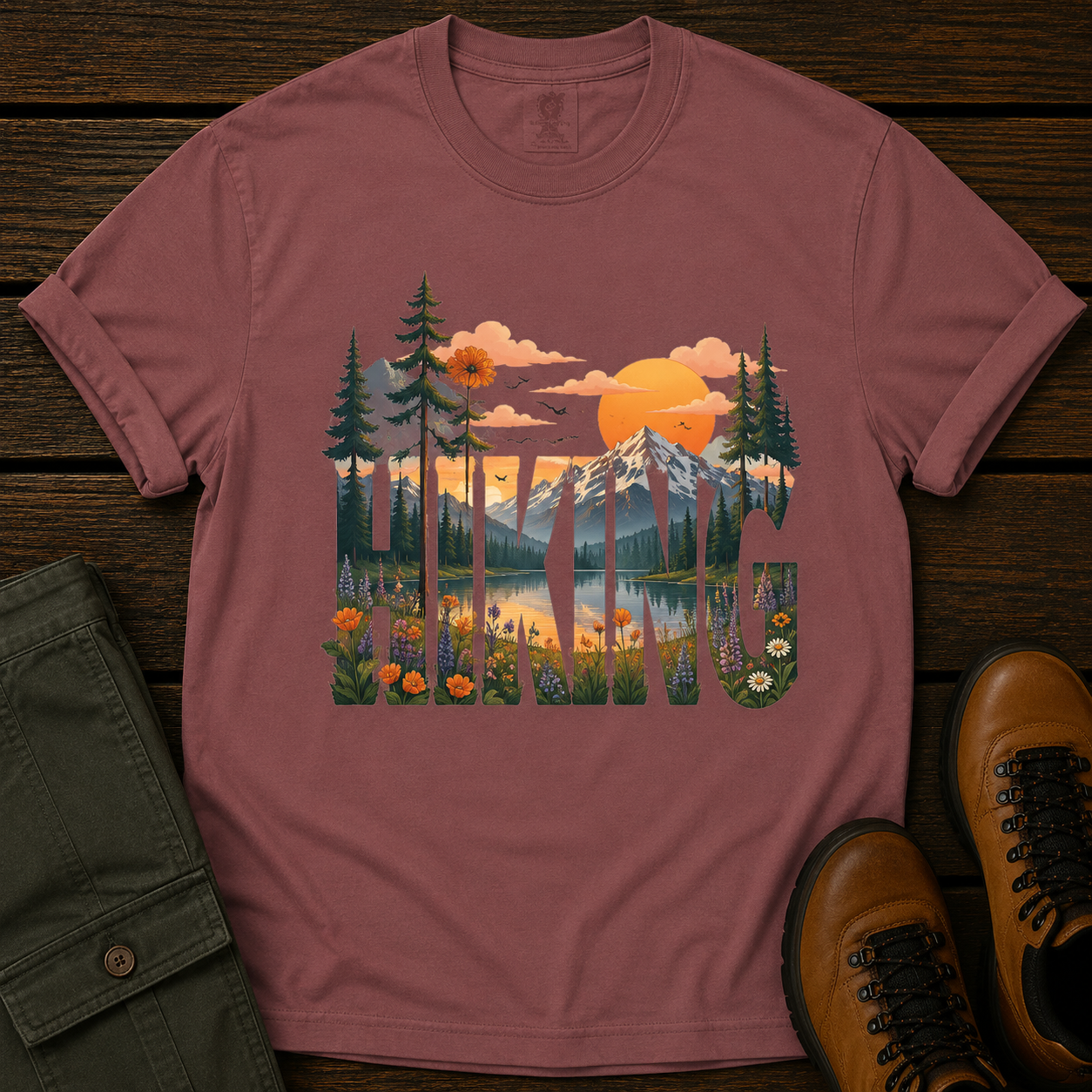 Pink t-shirt with nature graphic on a wooden surface with green pants and brown boots.
