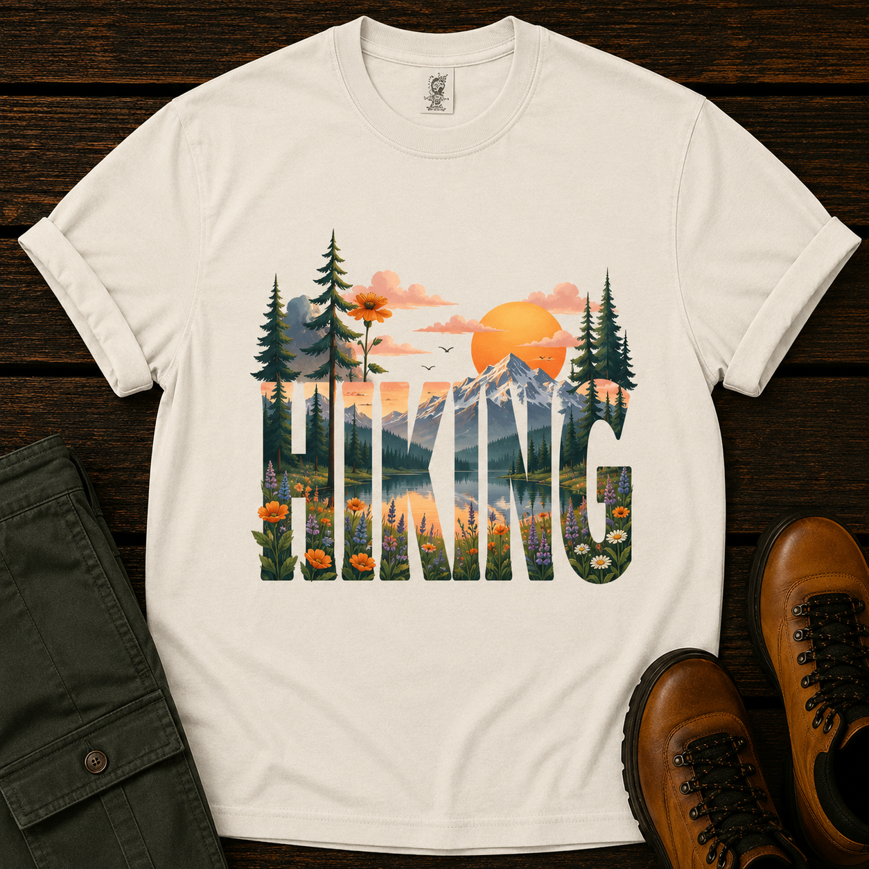 White t-shirt with 'Hiking' graphic design featuring mountains and nature on a wooden surface with pants and boots.