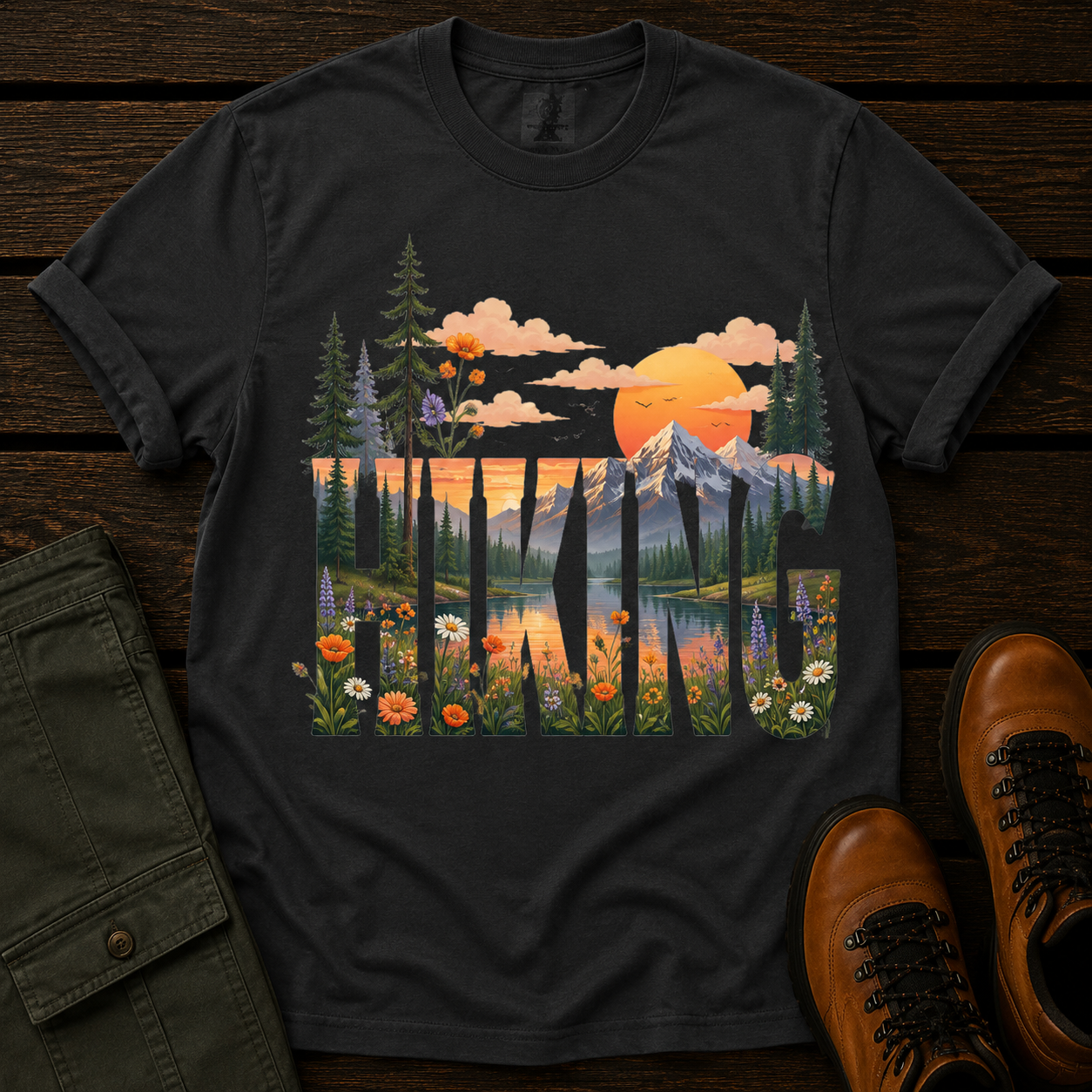 Black t-shirt with a nature-themed design featuring mountains, trees, and flowers on a wooden surface.
