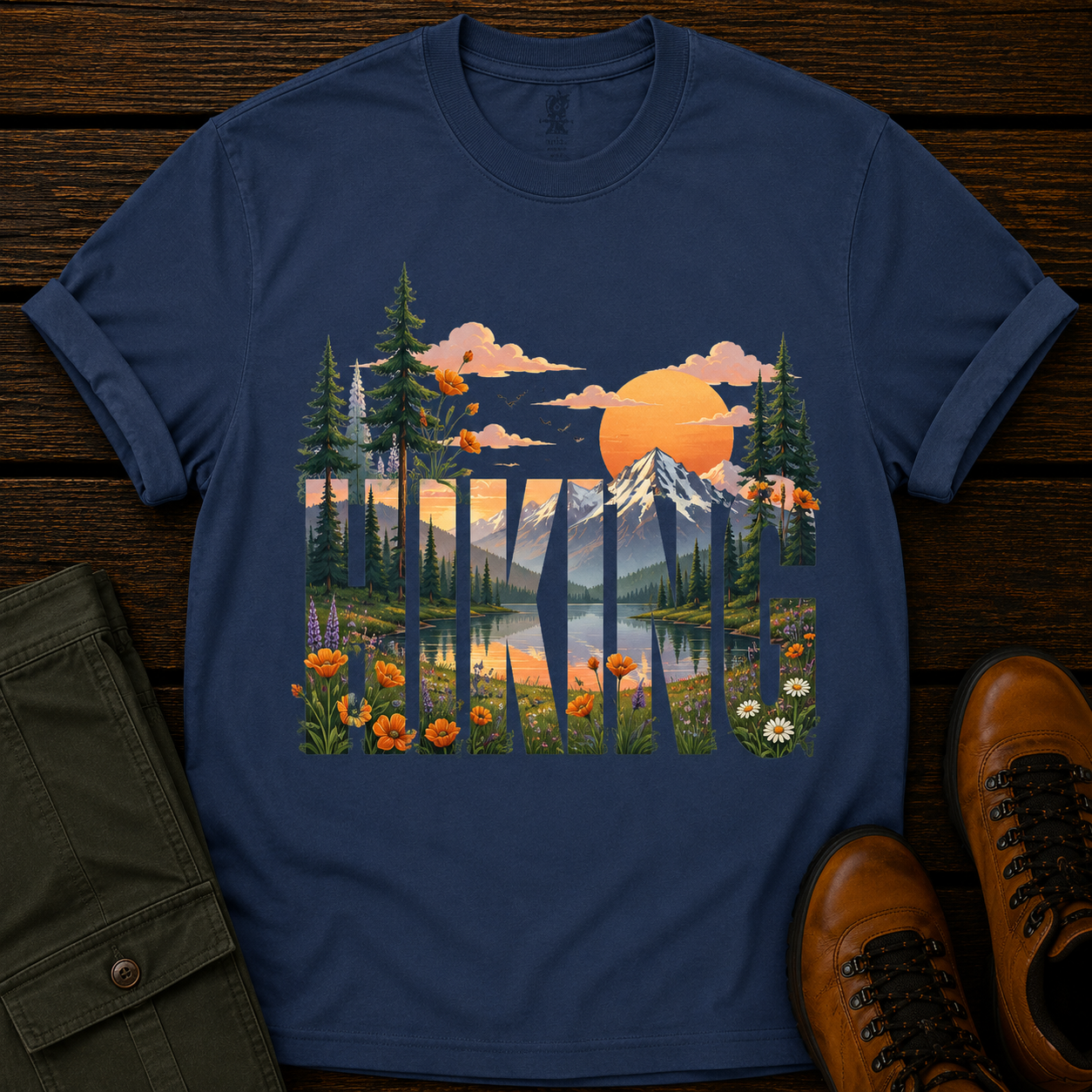 Navy blue t-shirt with a nature graphic of mountains, trees, and flowers on a wooden surface.