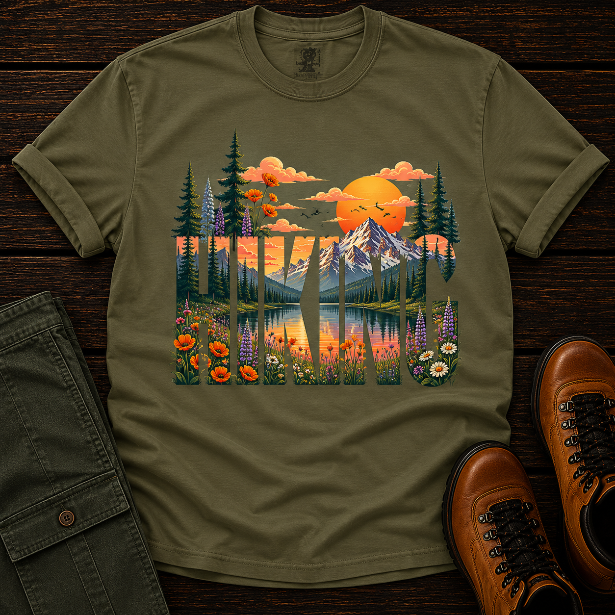 Green t-shirt with nature-themed design featuring mountains, trees, and flowers on a wooden surface with pants and shoes.