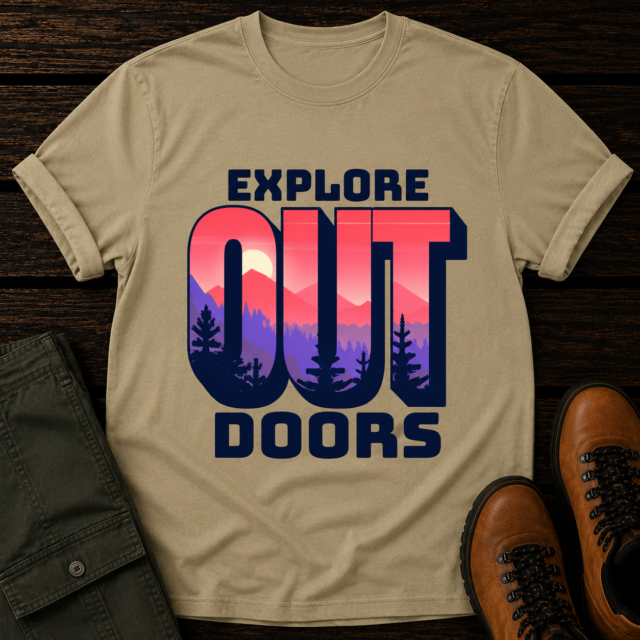 Beige t-shirt with 'Explore Outdoors' graphic on a wooden surface with pants and boots.