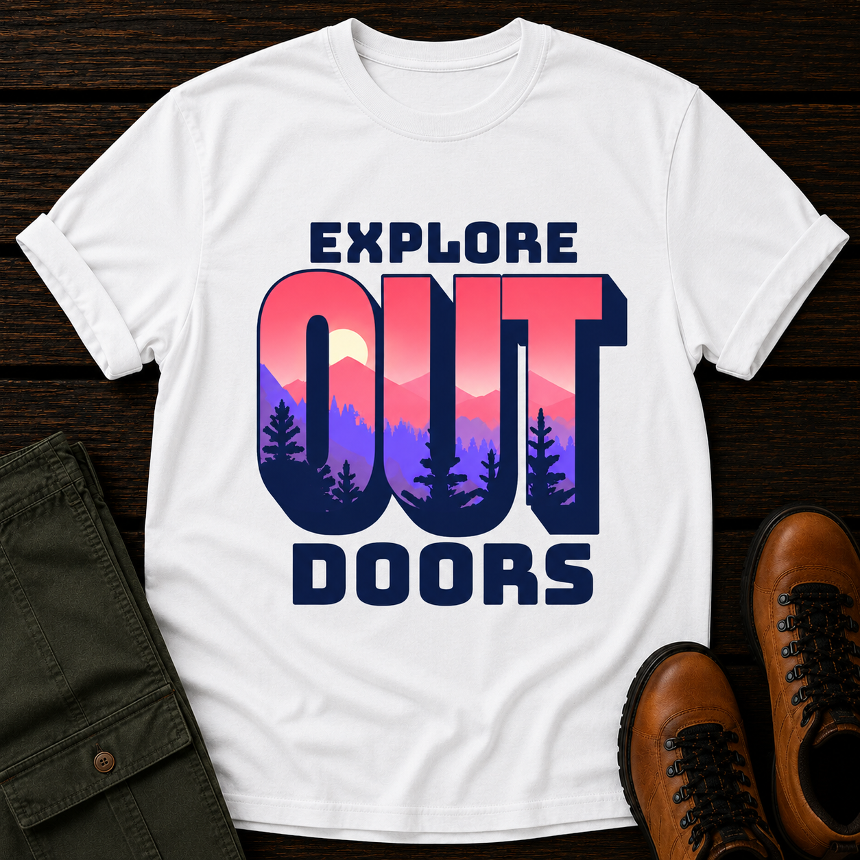 White t-shirt with 'Explore Outdoors' graphic design on a wooden surface with shoes and pants.
