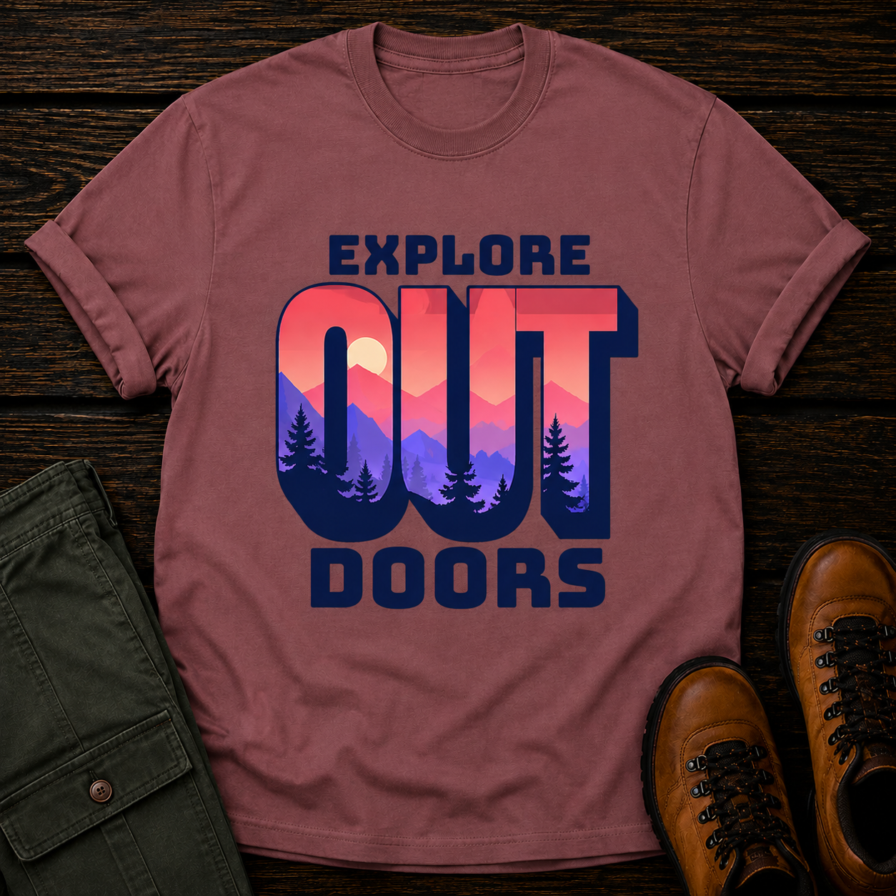Maroon t-shirt with 'Explore Outdoors' graphic on a wooden surface with pants and shoes.