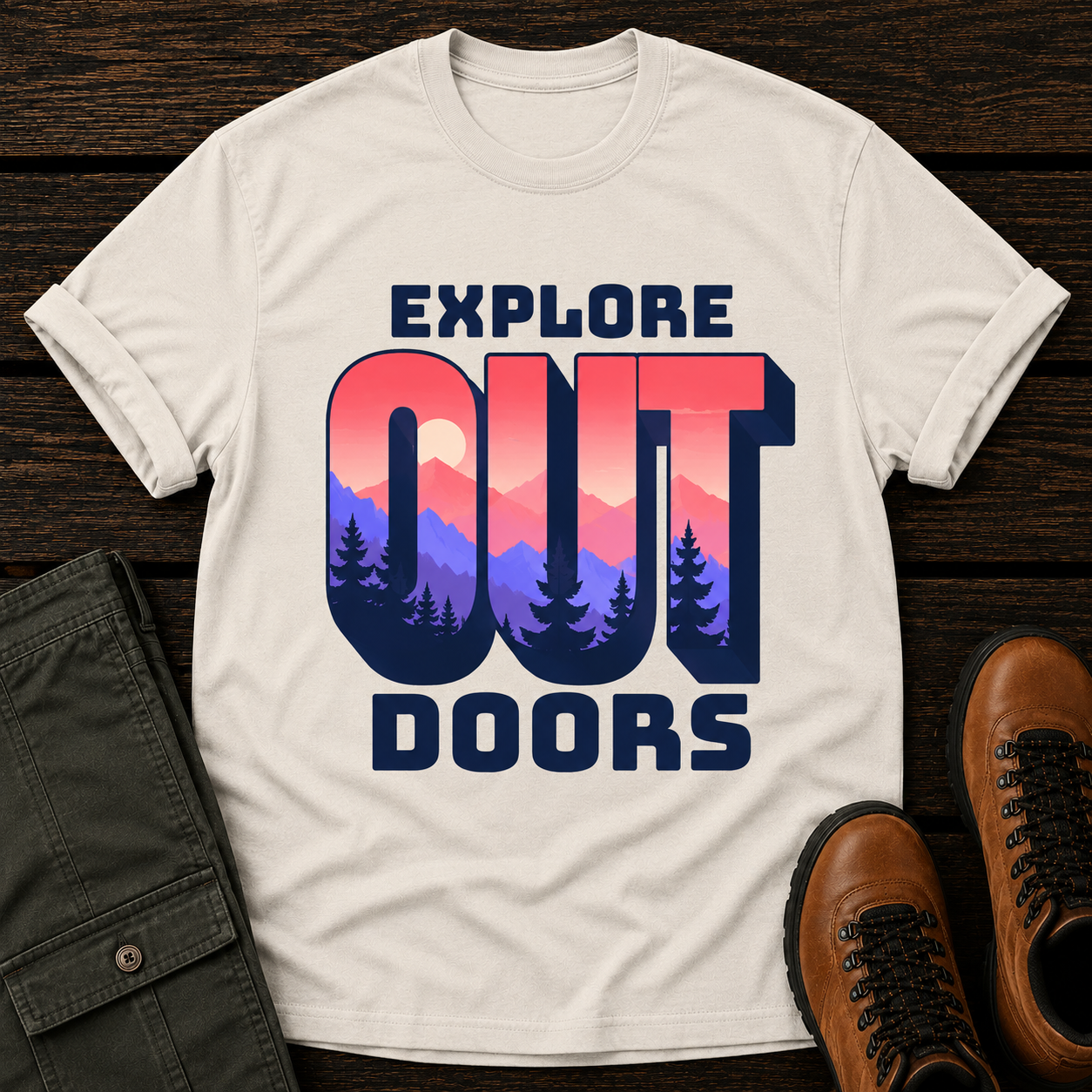 White t-shirt with 'Explore Outdoors' graphic on a wooden surface with pants and shoes.