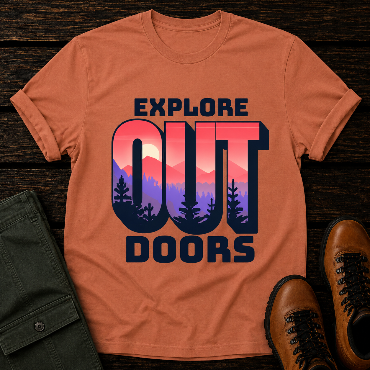 Orange t-shirt with 'Explore Outdoors' graphic on a wooden surface with pants and boots.