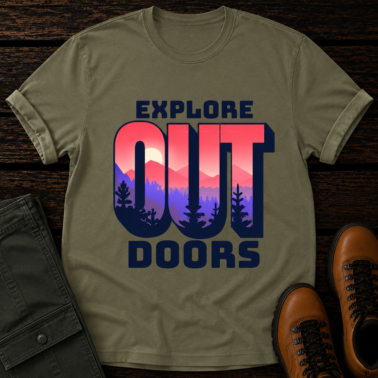Khaki t-shirt with 'Explore Outdoors' graphic on a wooden surface with shoes and pants.